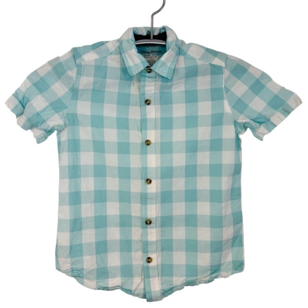 Tommy Bahama Aqua Colored Checkered Short Sleeve Button Down Shirt Size M (7/8)
